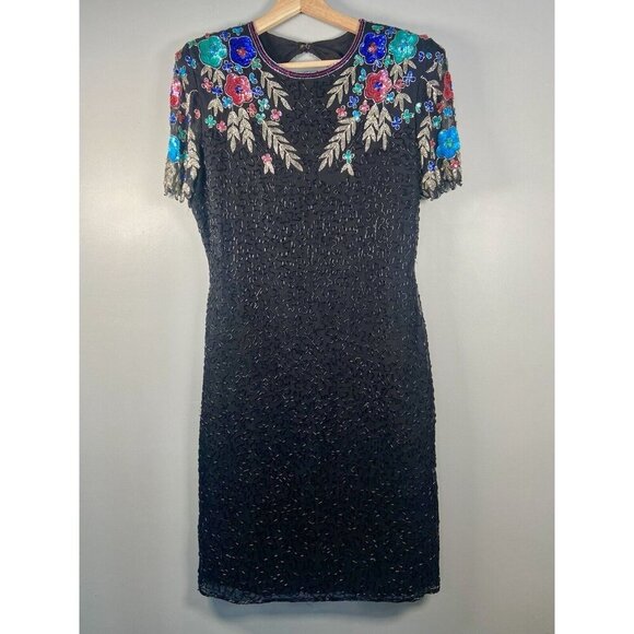 Vintage 80s 90s SCALA 100% Silk BEADED SEQUIN Dress BLACK Floral Keyhole L/XL - Picture 1 of 15